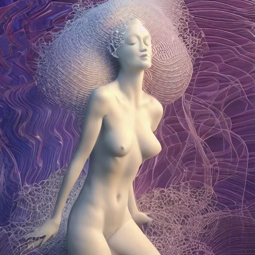 Image similar to 3 d pyro liquid simulation render, octane render, xparticles, abstract female bodies, intricate details, female body covered in white blanket, white carved abstract sculpture, amethyst mineral quartz, swirly curls, abstract white fluid, golden edges and fractals, wasili kandinski, artstation, render, cinema 4 d, art noveau fresco, liquid acrylic painting