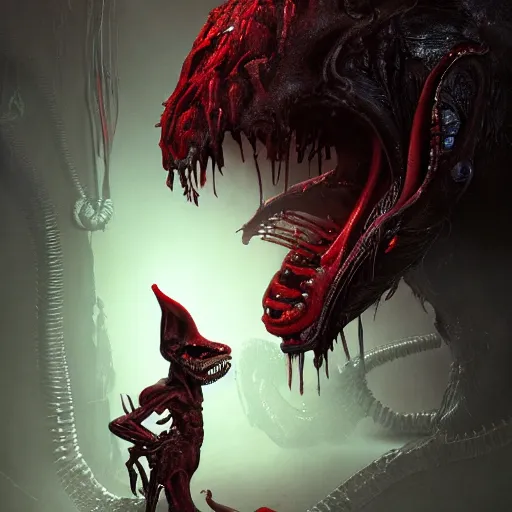 Image similar to mickey mouse xenomorph chimera lurking in dark room, round ears, red pants, designed by h. r. giger, highly intricate detailed 8 k ultrarealistic octane render by artgerm and rutkowski and beksinski and mucha