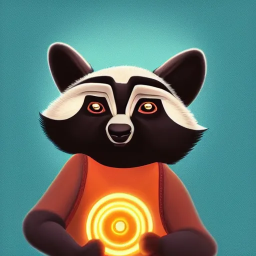 Image similar to “ portrait of a racoon in the style of kung fu panda holding laser gun, with a black background, digital art, award winning, trending on art station, retro style ”