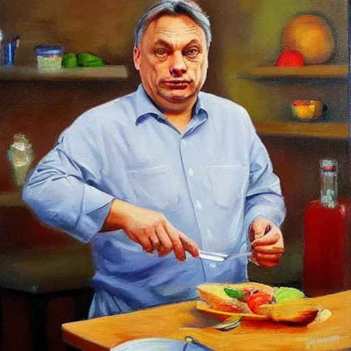 Prompt: viktor orban in his kitchen, oil painting