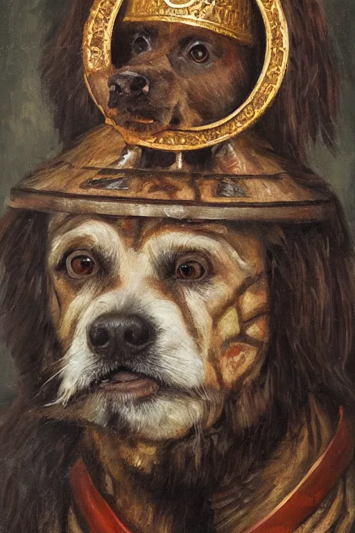 Prompt: Slavic dog head man, Orthodox Saint Christopher, oil painting, hyperrealism, beautiful, high resolution, trending on artstation, with an axe,