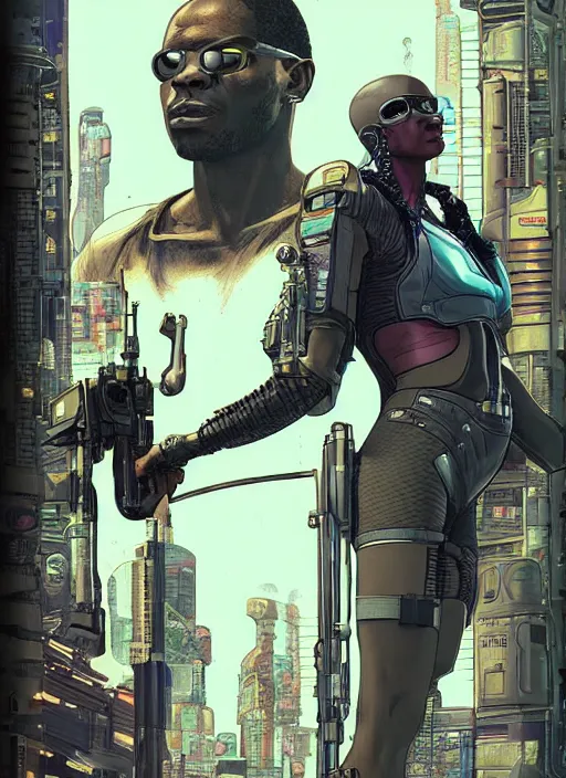 Image similar to chidi igwe. cyberpunk mercenary in tactical harness and jumpsuit. dystopian. portrait by stonehouse and mœbius and will eisner and gil elvgren and pixar. realistic proportions. cyberpunk 2 0 7 7, apex, blade runner 2 0 4 9 concept art. cel shading. attractive face. thick lines.