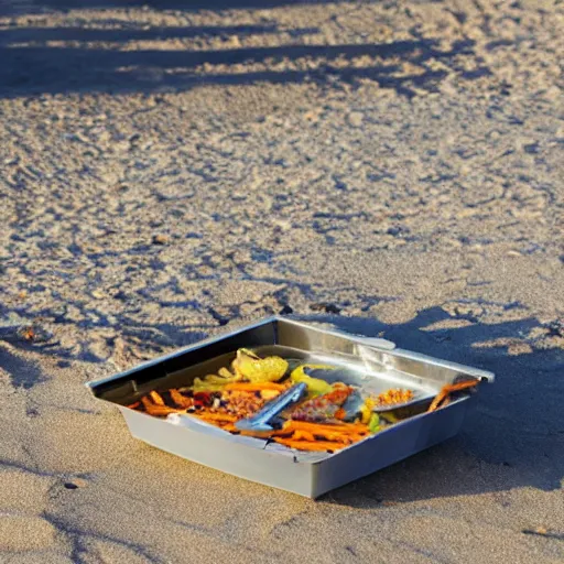 Image similar to a rectangle-shaped wok with no food in it, on the beach