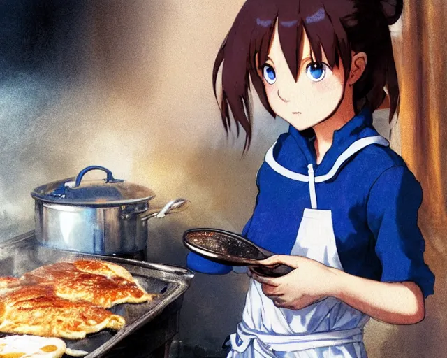 Prompt: a brunnete girl with blue eyes and puffy cooking breakfast in her messy house, holding a pan, close up shot from the side, anime art, Greg Rutkowski, studio ghibli, dramatic lighting