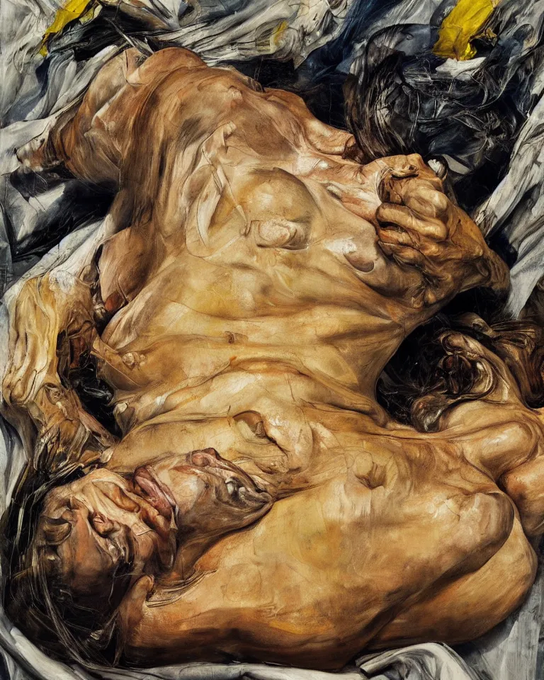 Image similar to high quality painting by lucian freud and jenny saville, hd, high contrast, fine details, hd, mangenta, indigo, yellow