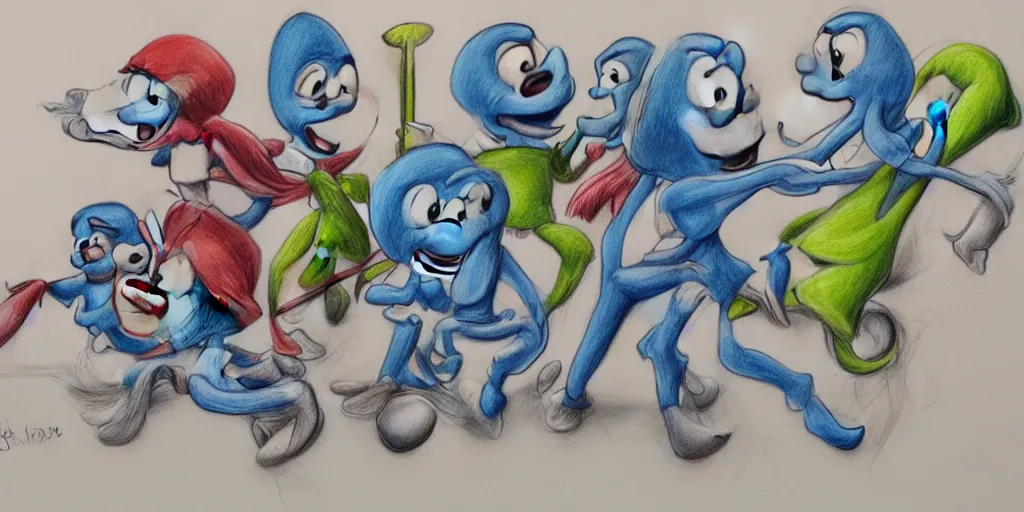 Image similar to a high detailed pencil drawing of long boned smurfs and color