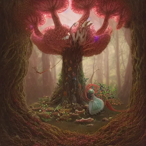 Prompt: magical girl madoka magica in a forest with wise oak treant adorned with fungi like mycelium branches highly detailed by Agostino Arrivabene, Albert Bierstadt, Albert Koetsier and Agnes Lawrence Pelton:3, trees covered with various mushrooms, bright vivid color hues:1, brown:-2