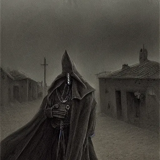 Prompt: plague doctor walking through a town ravaged by plague, dark, creepy, death, disease, hyperdetailed, concept art in a style of zdzislaw beksinski