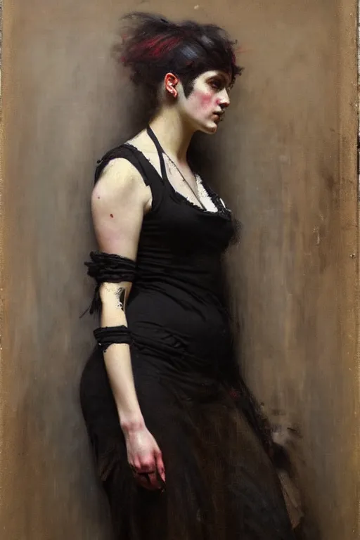 Image similar to solomon joseph solomon and richard schmid and jeremy lipking victorian loose genre loose painting full length portrait painting of a young beautiful woman punk rocker