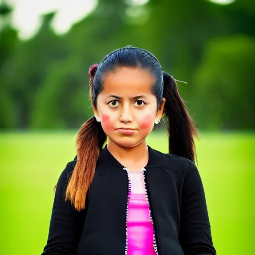 Image similar to a seven years old latin girl plays on a great green meadow, she wears a black jacket, jeans and black boots, she has two ponytails, photo taken by a nikon, highly detailed, sharp focus