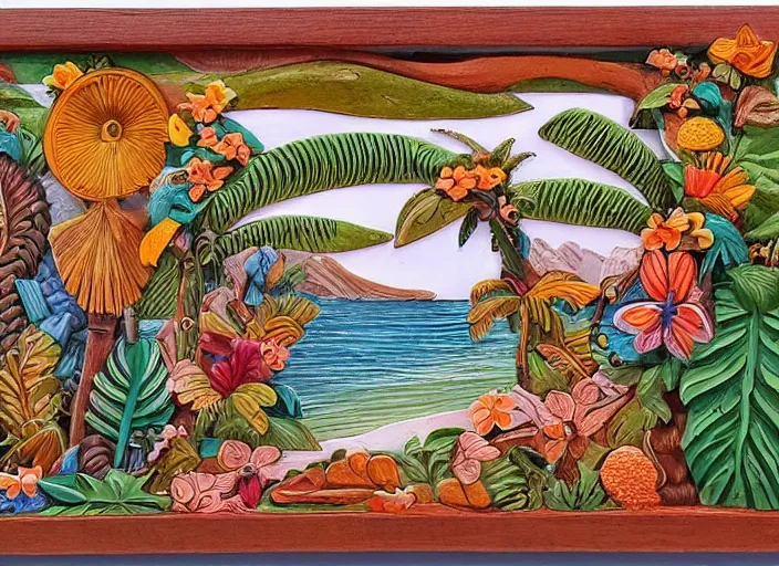 Prompt: colorized stylized bas relief sculpture of a tropical paradise with a frame in mexico folk art style