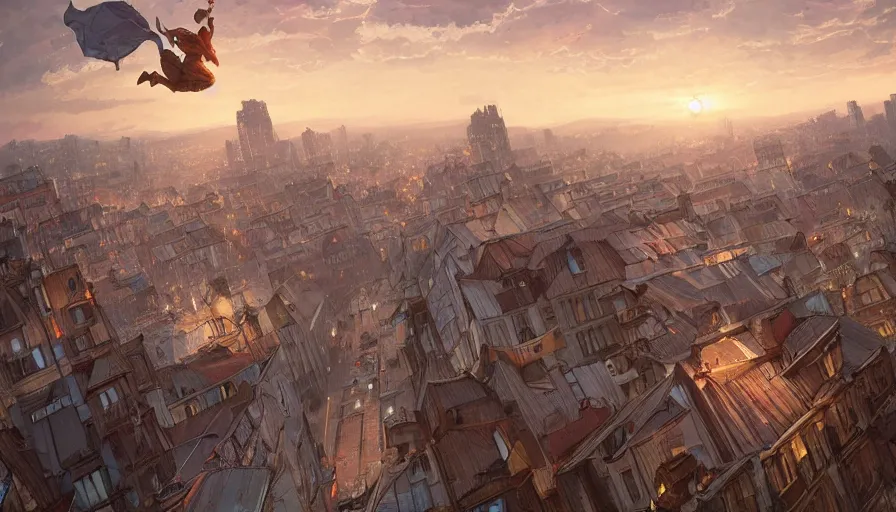 Prompt: jumping on roofs throught the city at late night sunset. trending on artstation, greg rutkowski, artgerm, cgsociety, alphonse mucha, digital art, highly detailed 4 k,