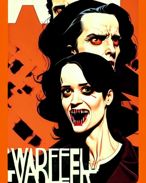 Prompt: Rafael Albuquerque comic cover art, Norman Rockwell, Joshua Middleton, pretty Eva Green vampire, sharp vampire teeth, sarcastic smile, symmetrical eyes, symmetrical face, brown leather jacket, jeans, long black hair, full body, building on fire, cool colors