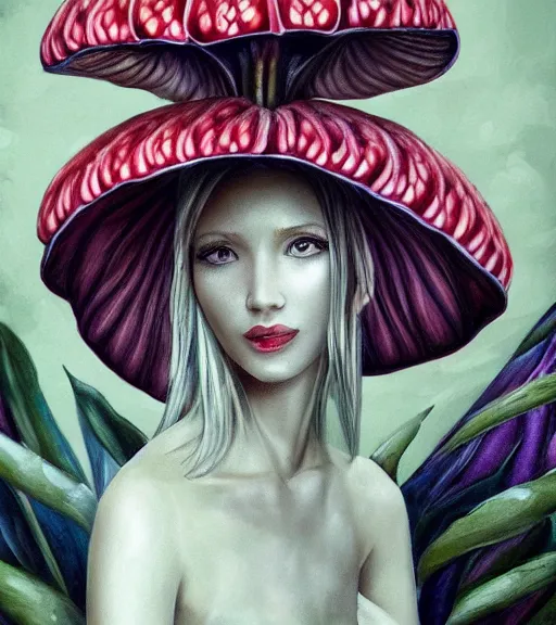 Prompt: charming beautiful woman wearing clothes from rafflesia flower and amorphophallus titanum flower. realism art, high detailed, fine art, trending on artstation, smooth draw, perfect lightning, sharp focus.