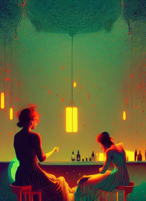 Prompt: sensual beautiful delhi girls wearing western little black dresses at a bar, epic scene, by victo ngai, kilian eng vibrant colours, dynamic lighting, digital art, winning award masterpiece, fantastically beautiful, illustration, aesthetically inspired by beksinski and dan mumford, trending on artstation, art by greg rutkowski, 8 k