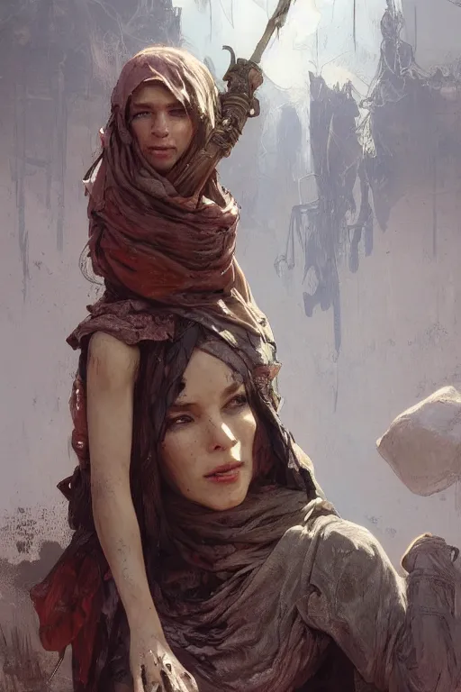 Prompt: a full body portrait of a beautiful post apocalyptic offworld treatment district bedouin blind pulp fiction scarlet wild rogue barbarian leper begging by the roadside, intricate, elegant, highly detailed, digital painting, artstation, concept art, smooth, sharp focus, illustration, art by krenz cushart and artem demura and alphonse mucha