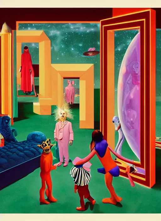 Prompt: painting of a gucci animal costumed family being shown how to open magic portals by a large glowing alien in their suburban living room maze, designed by gucci and wes anderson, energetic glowing planets in the air, cinematic look, in the style of edward hopper, james jean, petra collins and mc. escher