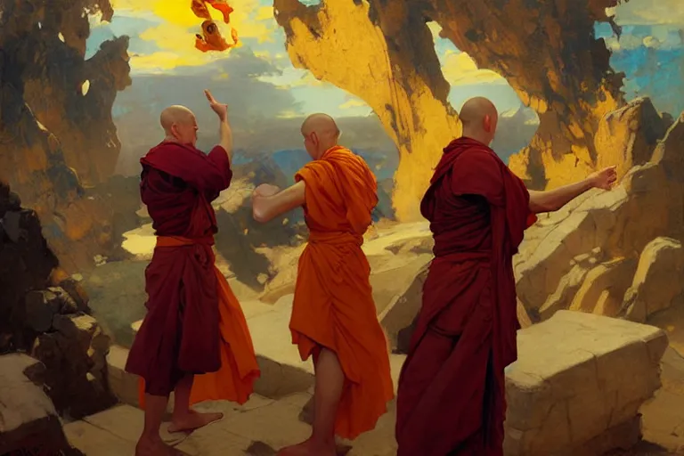 Image similar to monks teaching airbending from the last airbender, painting by gaston bussiere, craig mullins, j. c. leyendecker