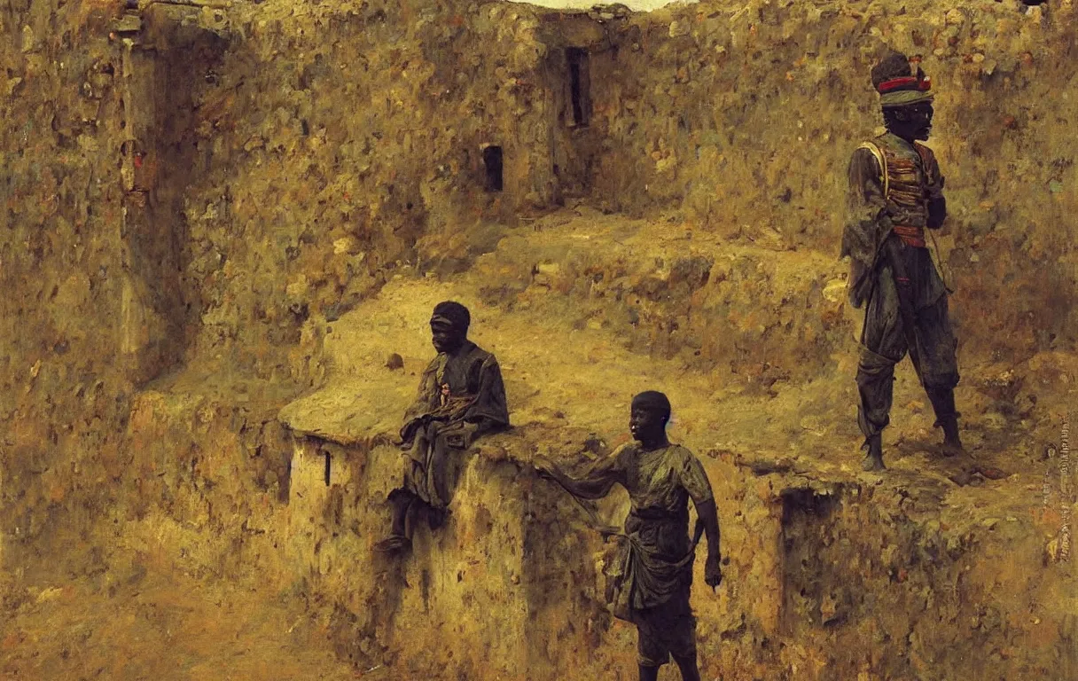 Prompt: nigerian soldier guarding gate at abeokuta, from above, 1885, bright colors oil on canvas, by Ilya Repin