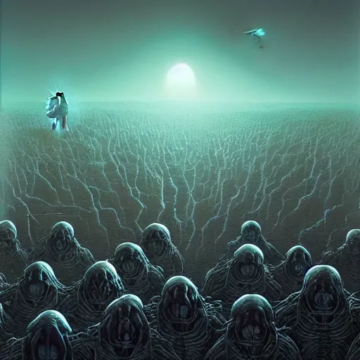 Image similar to rotting alien army, by dan mumford and zdzisław beksinski, fine details, digital art, volumetric lighting, cinematic light, photorealistic, 4 k,