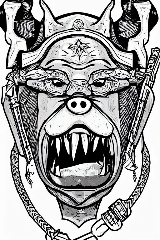 Image similar to A portrait of a pig as an evil warlord general, sticker, Anthropomorphized, portrait, highly detailed, colorful, illustration, smooth and clean vector curves, no jagged lines, vector art, smooth