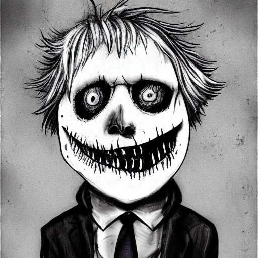 Image similar to grunge drawing of Boris Johnson in the style of jack skellington and Jacob Shaw,creepy, surreal, trending on artstation