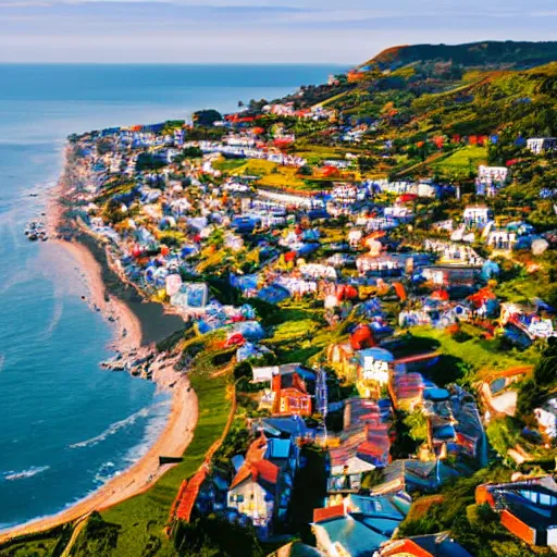 Prompt: down angled view of an seaside town, ocean, town, beach, hills