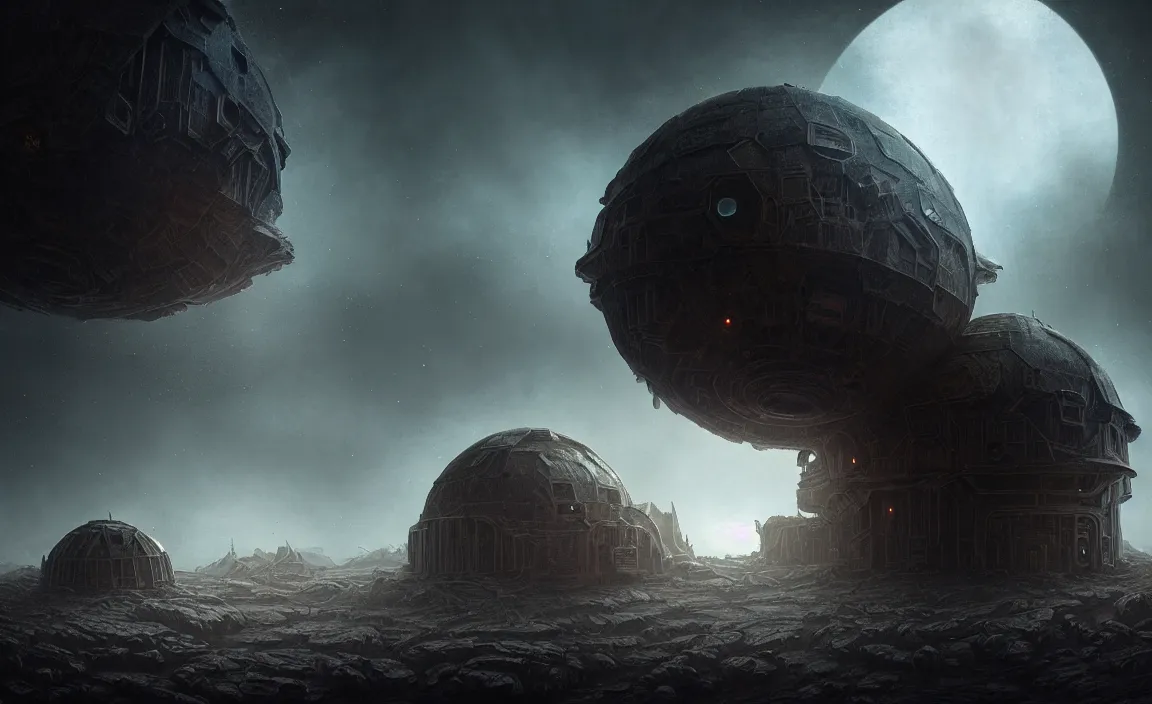 Image similar to epic professional sci - fi digital art of ruined cottagecore domed planetary outpost, eerie atmospheric lighting, painted, detailed, intricate, impressive, foreboding, by leesha hannigan, wayne haag, reyna rochin, iris van herpen, hdr, 8 k, epic, stunning, gorgeous, much wow, cinematic, masterpiece