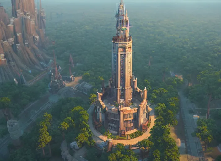 Image similar to overhead view of the great tower of the south, medium shot, studio ghibli, pixar and disney animation, sharp, rendered in unreal engine 5, anime key art by greg rutkowski, bloom, dramatic lighting