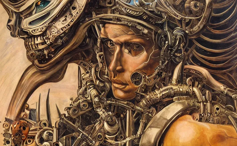 Image similar to beautifully painted mural of a mechanical cyborg king, piercing glowing eyes, sci fi scenery, fantasy setting, intricate, highly detailed, incredible lighting, mural in the style of sandro botticelli, caravaggio, albrecth durer