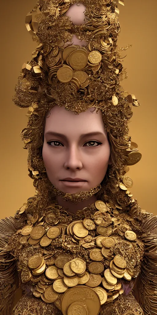 Prompt: an intricate, detailed, highly realistic beautiful cg render, full body shot of a women wearing close-fitting clothes made of golden coins, pearls, gems, necklaces and jewelry, by Ellen Jewett, Jason Felix and Cedric Peyravernay, Ligne Claire, deviantart, 3d, 8k, cgsociety, deviantart, ultrarealism, zbrush, dslr