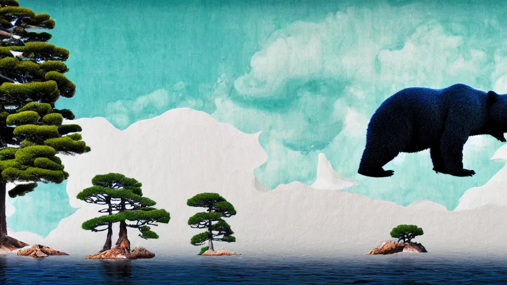 Image similar to seaside landscape with sequoia trees and a bear, japan, a collage painting, in the style of wes anderson, lola dupre, david hockney, isolated on negative white space background dark monochrome neon spraypaint accents volumetric octane render