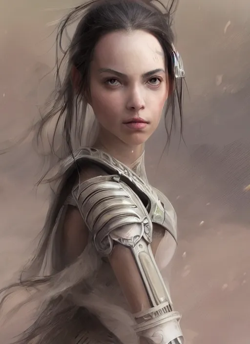 Image similar to a professional portrait of a beautiful young female, clothed in ethereal battle armor, olive skin, long dark hair, beautiful bone structure, symmetrical facial features, intricate, elegant, digital painting, concept art, smooth, sharp focus, finely detailed, illustration, from Valerian and the City of a Thousand Planets, in the style of Ruan Jia and Mandy Jurgens and Artgerm and Greg Rutkowski and William-Adolphe Bouguerea