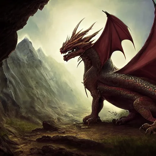 Prompt: a fierce dragon guarding a cave, mountain, fantasy art, realistic, highly detailed, dramatic lighting