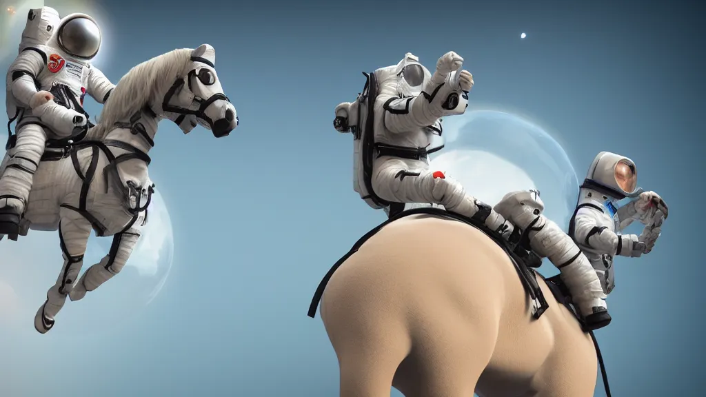 Image similar to no gravity, a horse riding an astronaut, a horse on the back of an astronaut, small horse, huge astronaut, humor, laughter, illusion, deception of vision, 3 d, unreal engine 5, artstationhd, 4 k, 8 k, 3 d render, 3 d houdini, cinema 4 d, octane,