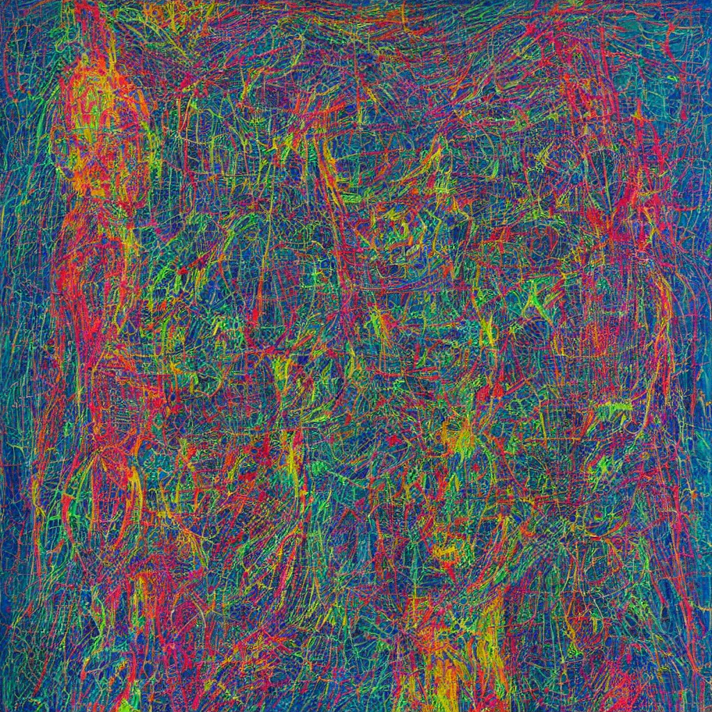 Prompt: two human figures anxiety, smiling, abstract, maya bloch artwork, ivan plusch artwork, cryptic, lines, stipple, dots, abstract, geometry, splotch, concrete, color tearing, uranium, acrylic, neon, pitch bending, faceless people, dark, ominous, eerie, minimal, points, technical, painting