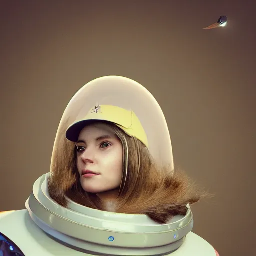 Prompt: a portrait of a beautiful woman standing by a space ship by tim walker, long hair, aged 2 5, swedish, wearing a travel hat, photo realistic, real life, photograph, 3 5 mm, octane render, trending on artstation