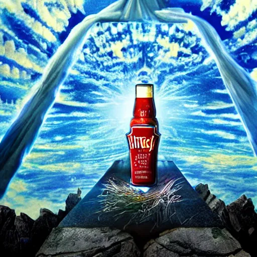 Image similar to a portal to heaven opens up whilst the lord jesus christ comes down to earth bearing the gift of heinz ketchup. highly detailed, epic, dramatic lighting, 4 k