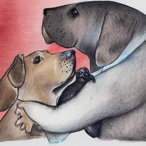 Prompt: detailed whimsical pencil and watercolor illustration of a mommy dog and a daddy dog hugging their puppy with eyes shut and happy expressions