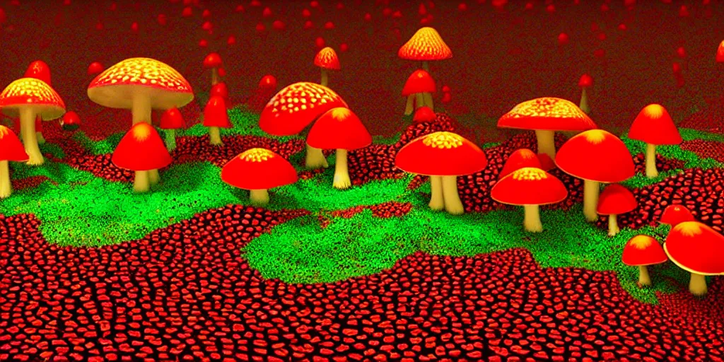 Image similar to a 3 d render of a giant psychedelic amanita muscaria, many tiny people are below looking up at it,