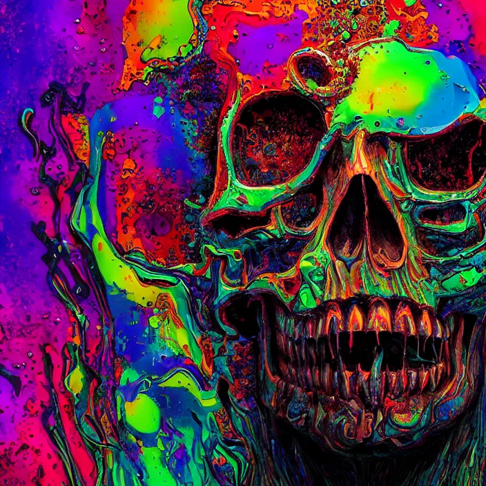 Image similar to portrait of an acid lsd psychedelic melting skull. razor sharp teeth. infected with rainbow fungi. intricate abstract. intricate artwork. interdimensional, by Tooth Wu, wlop, beeple, dan mumford. octane render, trending on artstation, greg rutkowski very coherent symmetrical artwork. cinematic, hyper realism, high detail, octane render, 8k, iridescent accents