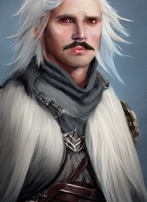 Image similar to tristan fulcher livedoce young man with short white fringe white hair and moustache, dndbeyond, bright, colourful, realistic, dnd character portrait, full body, pathfinder, pinterest, art by ralph horsley, dnd, rpg, lotr game design fanart by concept art, behance hd, artstation, deviantart, hdr render in unreal engine 5