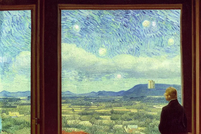 Image similar to a person looking from a window of a colony station in Jupiter, colorful, beautiful, national geographic, very detailed, astrophotography, oil painting, canvas, Vincent van Gogh, Caspar David Friedrich, Theodor Kittelsen, Albert Bierstadt