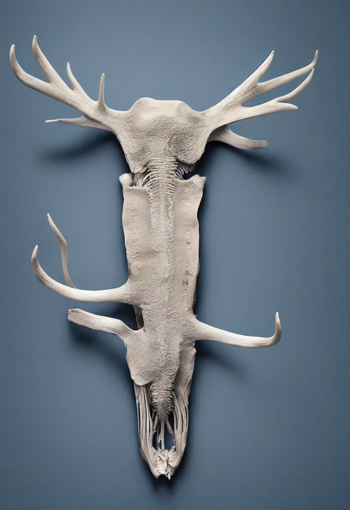 Image similar to delicate animal innards, antlers white bones ,melted wax, sharp slate. complementary color scheme. national geographic. 8k, rendered in octane, smooth gradients. blue whale