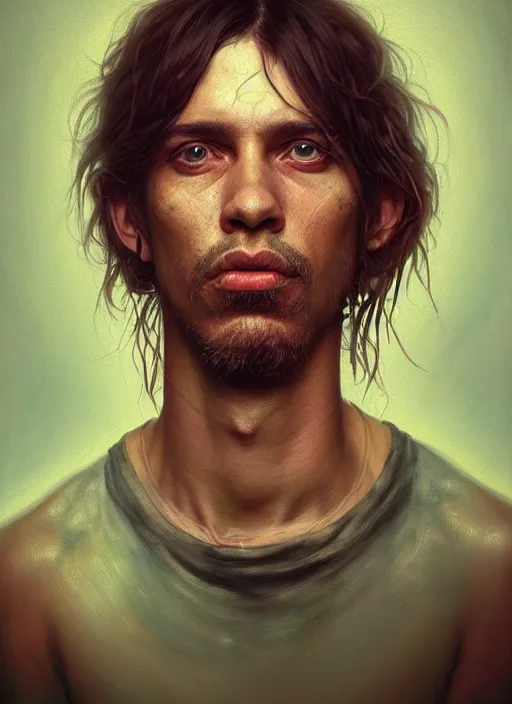 Prompt: a detailed painted portrait of an 9 0's era grunge musician by artist hadi karimi, wlop, artgerm, greg rutkowski, confident expression, dramatic lowkey studio lighting, accurate skin textures, hyperrealism, cgsociety, aesthetically pleasing and harmonious vintage colors