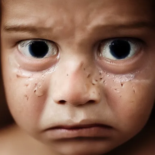 Prompt: portrait photography of crying child with tears in eyes by annie leibovitz, deep emotions, perfect facial symmetry, dim volumetric cinematic lighting, 8 k, post - processing, extremely hyper - detailed, intricate, epic composition, masterpiece, stunning,
