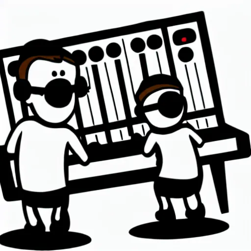 Image similar to cartoon illustration of a kid on a music studio mixing console in the style of The Beano