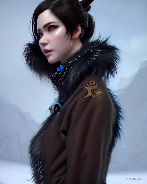 Image similar to fur - lined dragonhide jacket!!! beautiful and elegant female!! gorgeous ayes!! symmetry, character concept art, sharp focus, illustration, artgerm!! greg rutkowski! wlop!! ilya kuvshinov!! charlie bowater! octane render! unreal engine 5! highly rendered!! trending on artstation!!