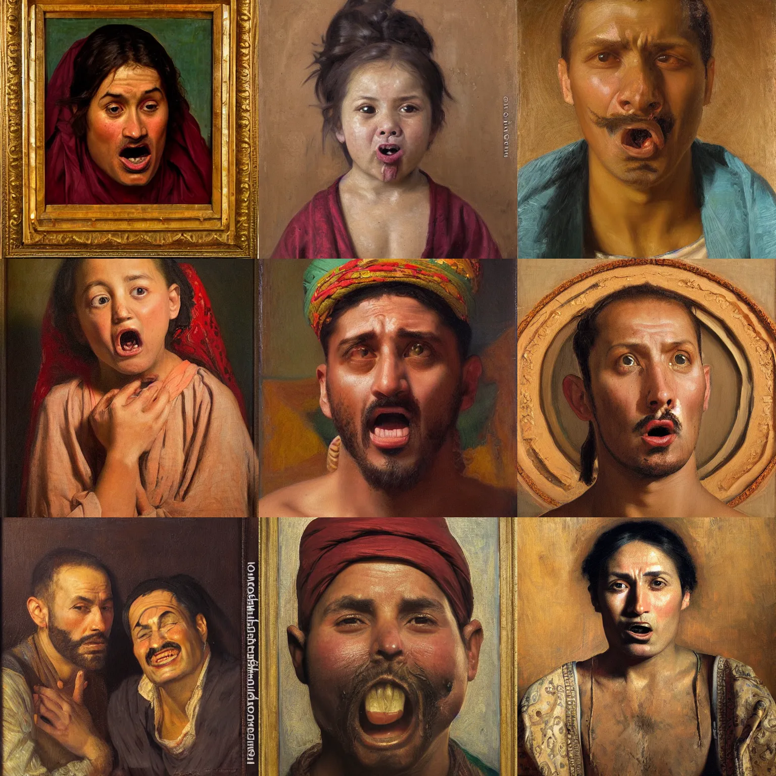 Prompt: orientalism shocked face portrait surprised mouth open by Edwin Longsden Long and Theodore Ralli and Nasreddine Dinet and Adam Styka, masterful intricate art. Oil on canvas, excellent lighting, high detail 8k