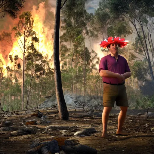 Image similar to Prime Minister Scott Morrison in front of a forest fire, wearing shorts and a Hawaiian hat, hose in the ground, smoke, , cinematic, hyper realism, high detail, vivid colors, octane render, unreal engine, 8k